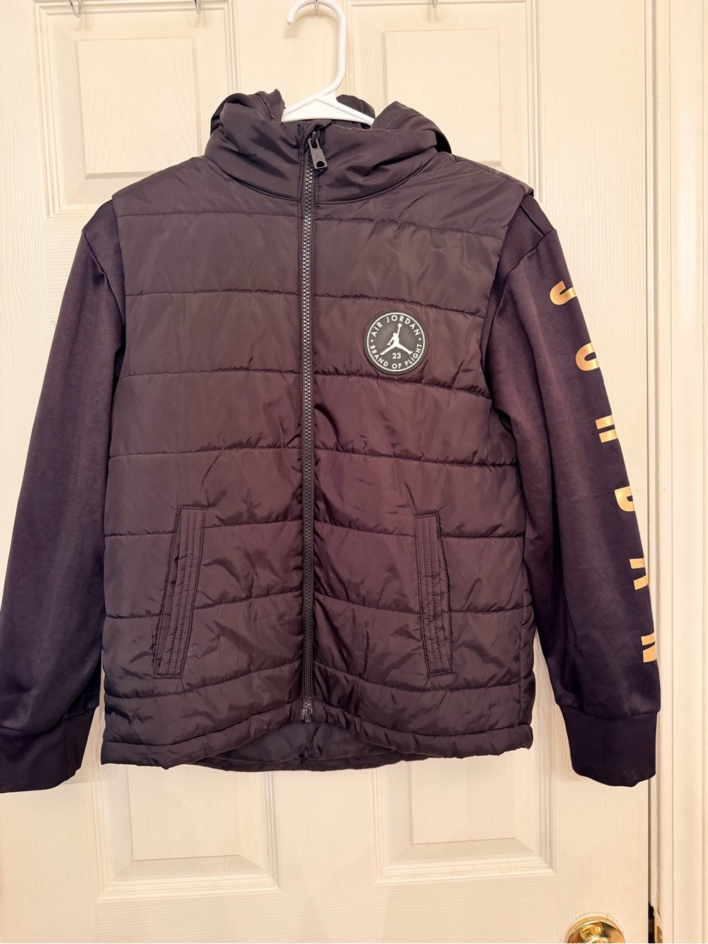 Jordan Black 2fer Quilted Hooded Puffer Jacket with Gold Sleeve Lettering